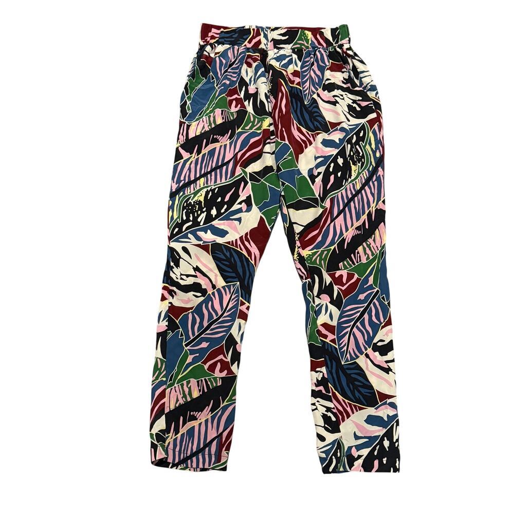 Toupy Paris 100% Silk Tropical Leaf Print Pants Medium Vacation Artsy Colorful